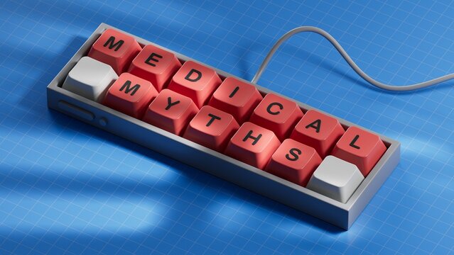 Medical myths. Flat lay composition with wooden squares and medical supplies.3D rendering