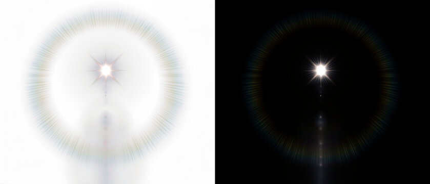Optical lens flare light effect with glowing rays and star burst, isolated on black background for professional digital compositing, video editing, motion graphics, and atmospheric photo overlays