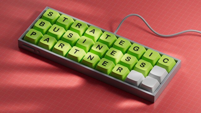 the words STRATEGIC BUSINESS PARTNER are written on a Computer keyboard keys structure. Computer keyboard keys. Copy space.3D rendering