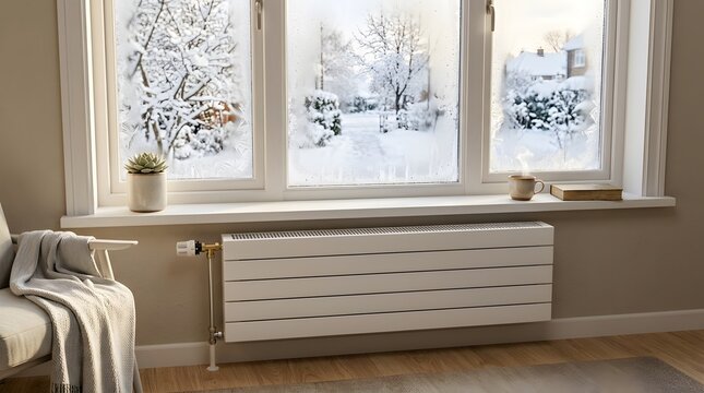Inside a warm room, a radiator sits under a window. Outside, snow covers the ground and trees. The scene shows a quiet winter day with frost on the glass