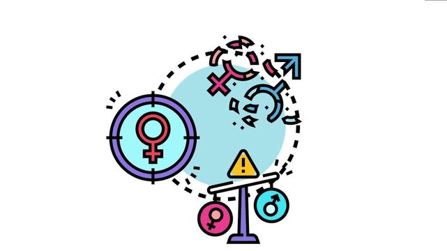 Gender symbols breaking apart and balancing on a scale, the evolving understanding of roles and the push for eliminating traditional societal expectations