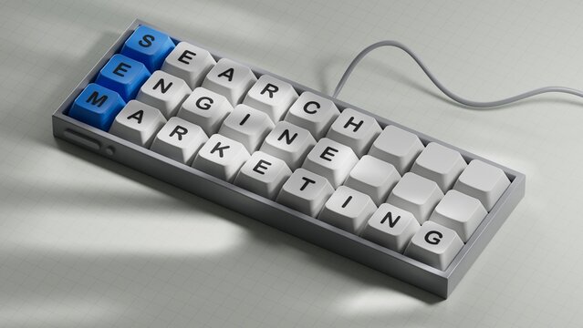 SEM symbol. Concept word SEM - search engine marketing on Computer keyboard keys and blocks on a Business and search engine marketing - SEM concept.3D rendering
