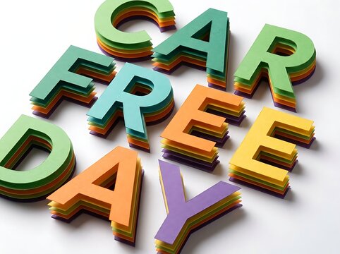 Stacked colorful paper letters spelling car free day isolated on white background