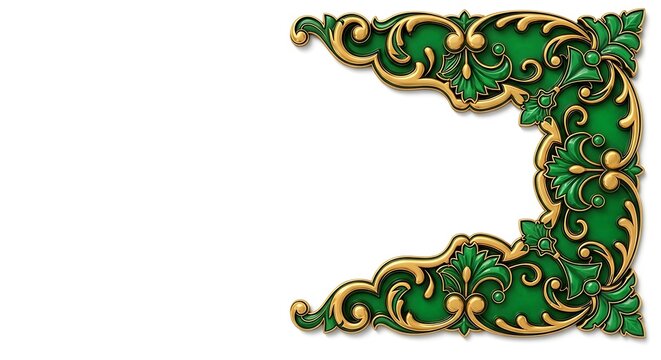Luxurious green and gold baroque style corner design featuring intricate scrollwork and floral motifs, elegant decorative embellishment for frames, borders, and vintage graphic projects