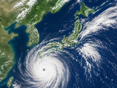 台風が上陸する日本列島の気象衛星画像