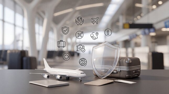 Travel insurance protection concept featuring miniature airplane luggage suitcase passport shield icons blurred airport terminal background with surrounded various travel displays miniature