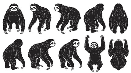 Naklejka premium Sloth black silhouette bundle showing front, three-quarter, side, rear and top-down views isolated 