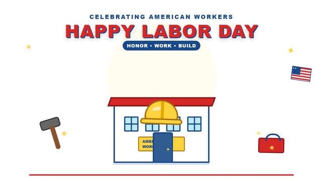 Labor day holiday animation featuring construction tools and hard hat motion
