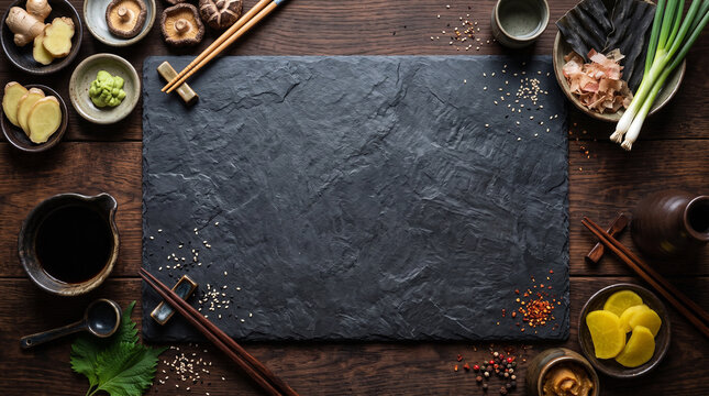 Asian cuisine ingredients on dark slate stone background. Top view empty mockup space for Japanese restaurant menu design.
