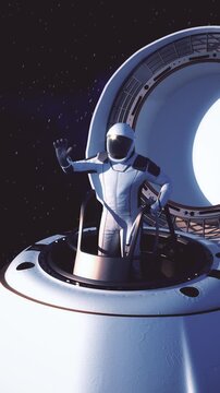 3D animation of an astronaut emerging from a spacecraft into outer space and waving in greeting, with Earth visible in the background and stars surrounding the scene.