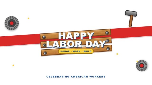 Labor day holiday animation featuring wooden boards and construction tools