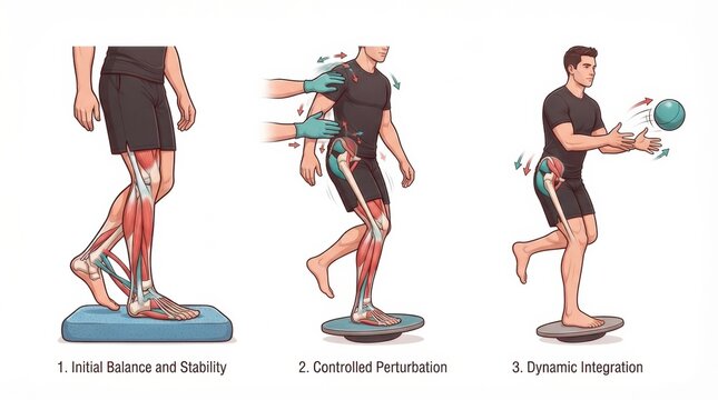 Illustration shows three stages of ankle sprain rehabilitation focusing on balance, perturbation, and integration with a stability ball.