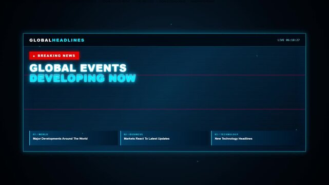 Digital breaking news broadcast graphic template showing live video motion