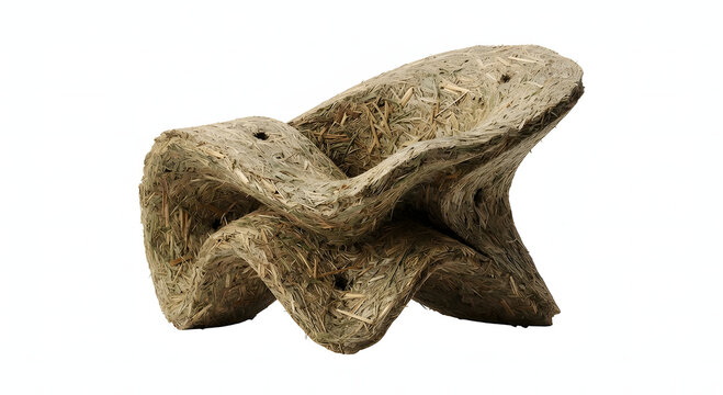 Biophilic organic chair made from hempcrete and straw isolated on white background.