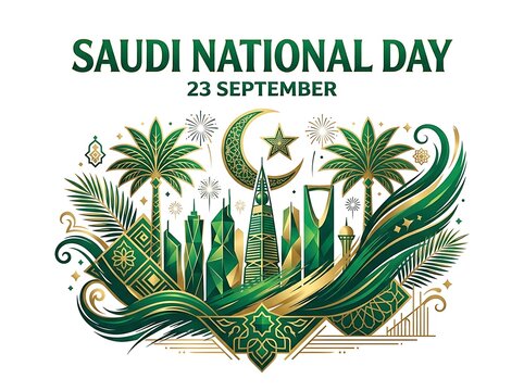 Saudi national day celebration design featuring iconic riyadh skyline, palm trees, and golden crescent moon isolated on white background