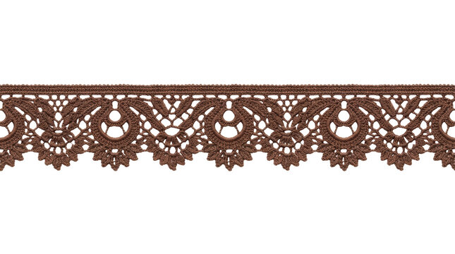 Horizontal brown floral crochet lace trim border on white background