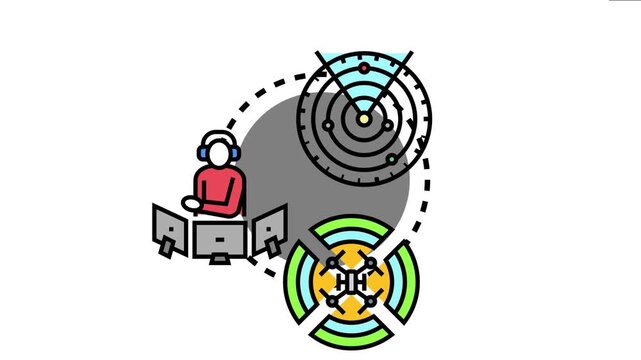 Air traffic controller managing surveillance radar while dealing with an unauthorized drone entering restricted zones, security challenges and aerial navigation enforcement
