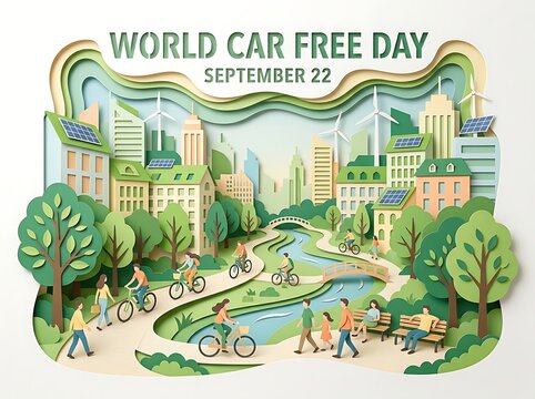 World car free day september 22 paper art illustration of a sustainable ecofriendly city with people cycling and walking in a green park