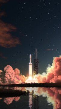 3D animation of a powerful heavy-lift rocket launching from a spaceport at night, with bright engines, flames, smoke, dramatic clouds and reflections on the water.