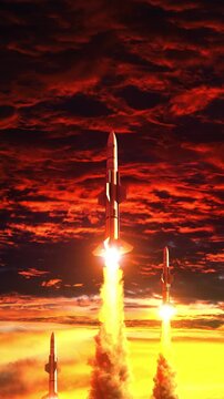3D animation of rockets launching into an apocalyptic sky, surrounded by fire, smoke and dramatic clouds. A cinematic futuristic scene symbolizing destruction, danger and powerful propulsion.