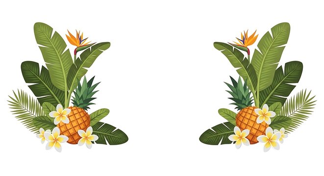 Vibrant symmetrical arrangement of lush tropical foliage and exotic fruits, showcasing sweet pineapples, colorful bird of paradise flowers, and green banana leaves, ideal for summer vacation designs