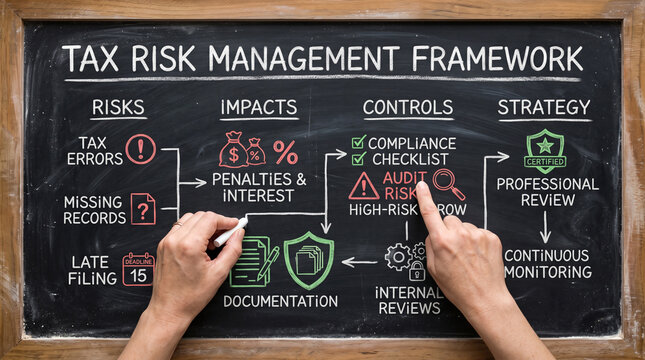 Tax risk management framework displayed on a chalkboard with icons and text, showing processes and strategies for managing financial risks