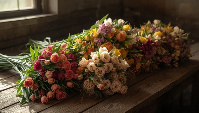 Assortment of Freshly Cut Flower Bouquets Arranged on a Wooden Surface