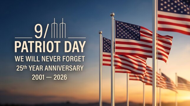 Patriot day memorial image featuring american flags waving against a sunset sky to commemorate the twenty third anniversary of the september eleventh