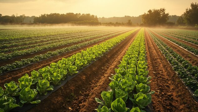 Rows of lettuce crops growing in a field at sunrise with morning mist