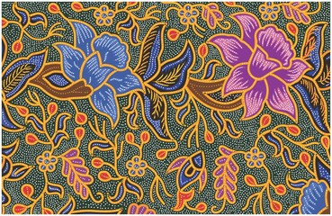 Batik Floral Indonesia, Vibrant Floral Batik Textile Design Illustration Style for Background Design © risa