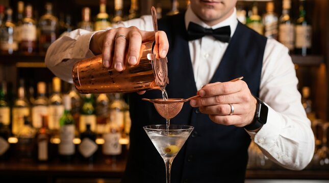Bartender in vest and bow tie strains a cocktail from a copper shaker into a martini glass with an olive, using a metal strainer; ring and wristwatch visible