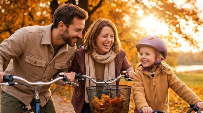 Smiling parents walk beside a child riding a bicycle with helmet; autumn leaves fill the basket, warm sunlight flares through trees, family enjoying outdoor fall day