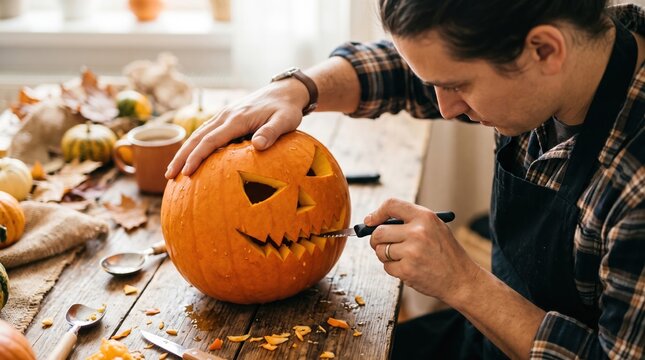 Man carving a jack-o'-lantern on a rustic wooden table, drawing jagged mouth details with a marker; pumpkin shavings, leaves, small gourds, and cups nearby