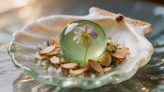 Clear orb holding flower on shell plate with herbs and nuts in a bright setting Generative AI