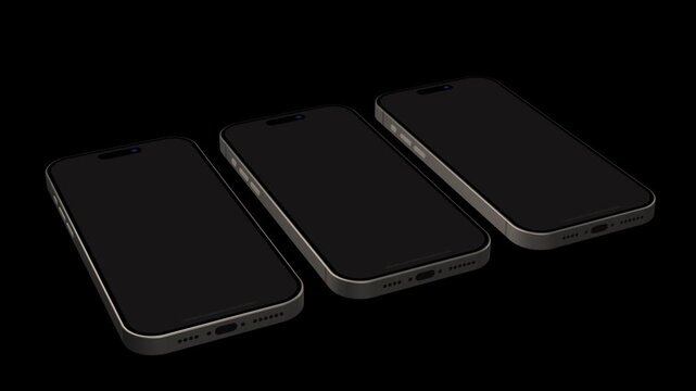 Three smartphone mockups lie aligned on isometric dark surface plane. Blank mobile screens allow structured presentation of complex app workflows. Smooth render reveals speaker grill detail.