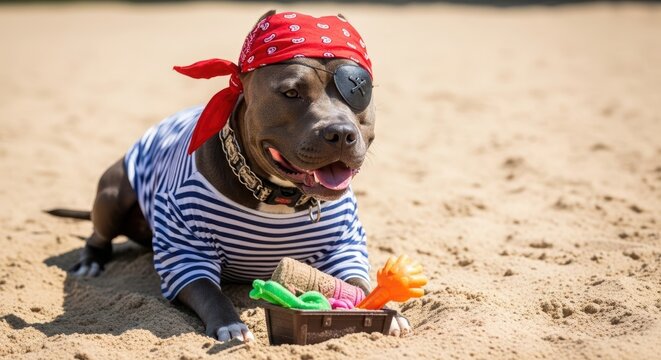 Cute pitbull dog dressed as a pirate with bandana and eyepatch on a sandy beach.
