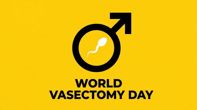 World vasectomy day symbol with male gender sign and sperm icon on a yellow background
