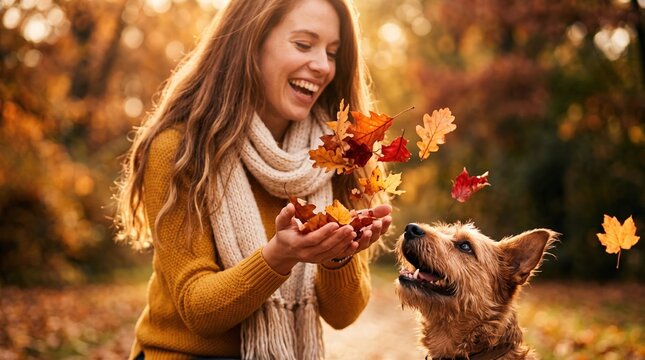 Smiling woman in knitted scarf and sweater holds colorful autumn leaves in her hands while a small terrier looks up; warm sunlight, outdoor fall season scene