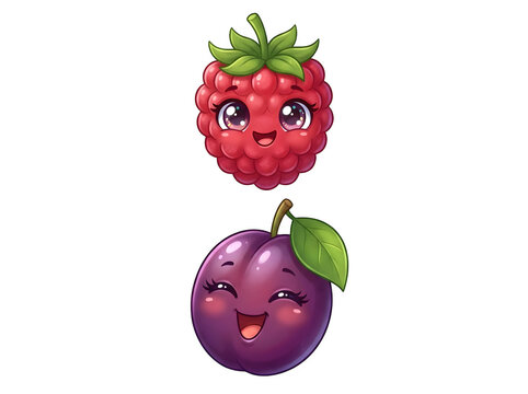 Cute animated raspberry and plum with expressive faces funny animal emoji isolated on transparent background