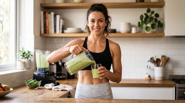 Smiling athletic woman in sports bra and leggings pours green smoothie from blender jug into glass at kitchen counter; fruit and spinach nearby, shelves with dishes and plant
