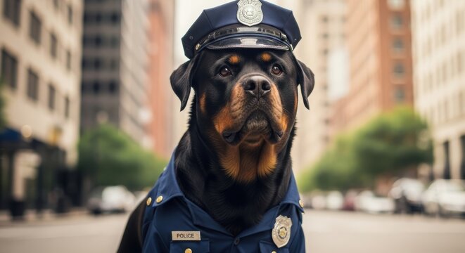 Rottweiler dog dressed as a police officer standing on a city street.