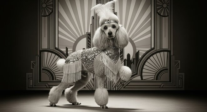 Vintage style portrait of a poodle dog dressed in an elaborate Art Deco showgirl costume on stage.