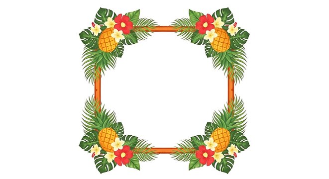 Tropical Summer Fruit and Flower Frame with Pineapples and Hibiscus on White Background