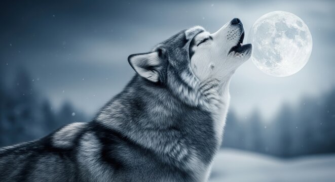 Wolf howling at the full moon in a snowy winter forest night.