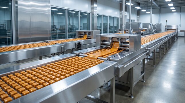 Automated chocolate candy production line moving square treats on a metal conveyor belt in a modern food factory