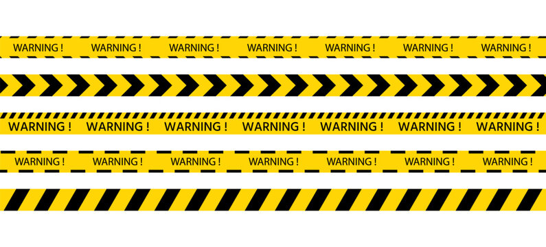 Yellow black tape with Warning text. Set of caution crime scene bands. Danger barrier ribbons for danger places. Seamless striped boundary lines. Do not cross police road sign. Vector illustration.