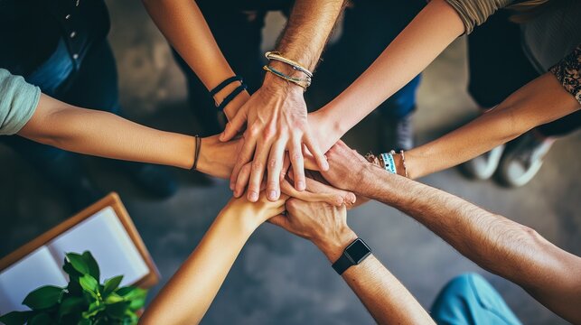 Diverse group of young people placing hands together in a circle to show unity, cooperation, support, friendship, and teamwork