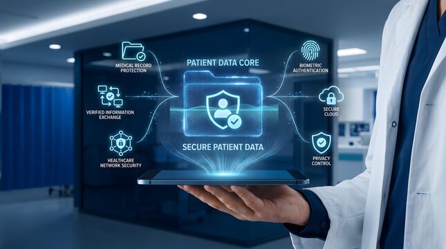 Secure patient data core system displayed on digital tablet by healthcare professional representing medical record protection and privacy