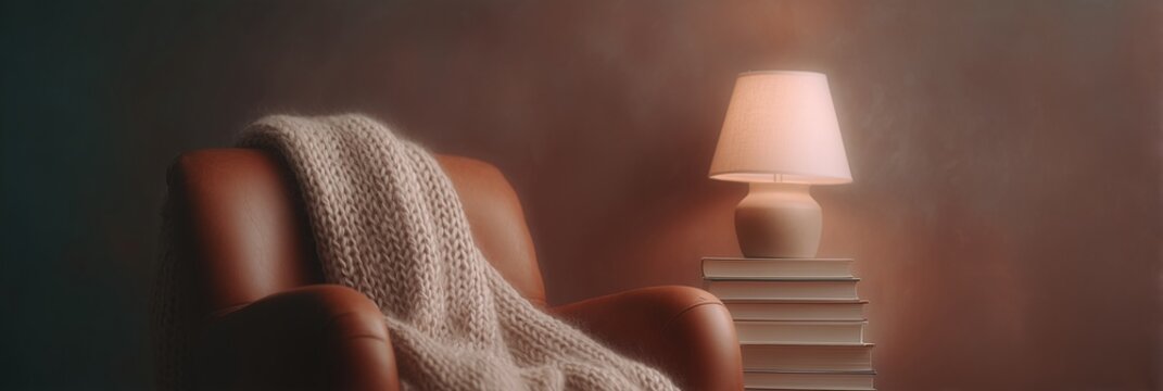 Cozy armchair with soft knitted blanket, glowing lamp, and stack of books, warm and inviting atmosphere in home interior