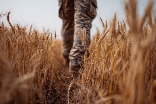 Male camouflaged soldier in tactical gear walking through tall golden wheat field. Low angle view